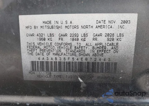 2004 Mitsubishi Galant Es from USA, damaged, VIN 4A3AB36F54E072443